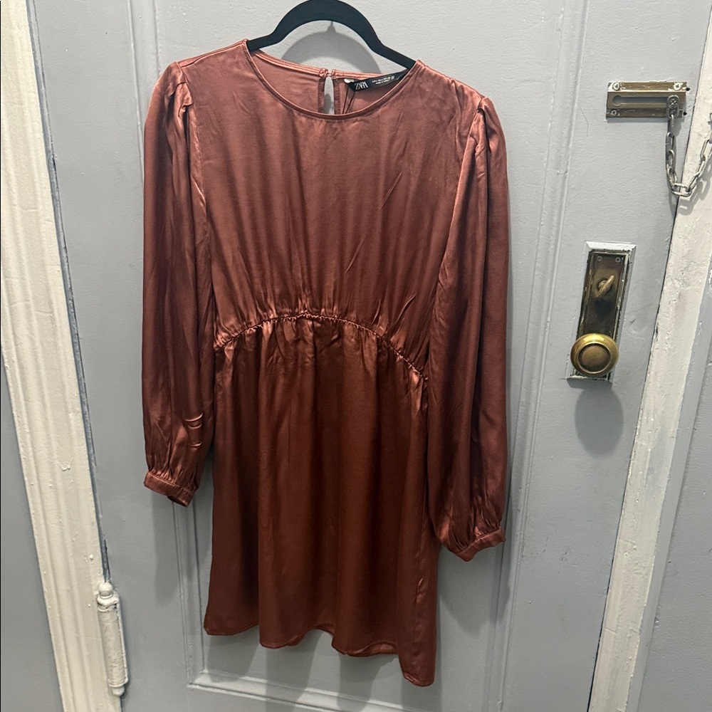 Zara Rust Satin Long Sleeve Mini Dress